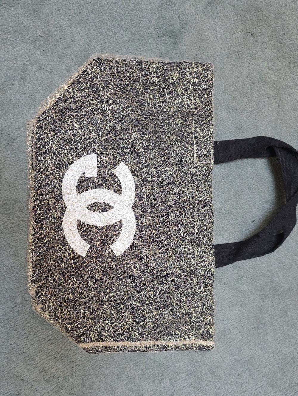 Black and Gold Textured Tote Bag with White Logo (Fashion)